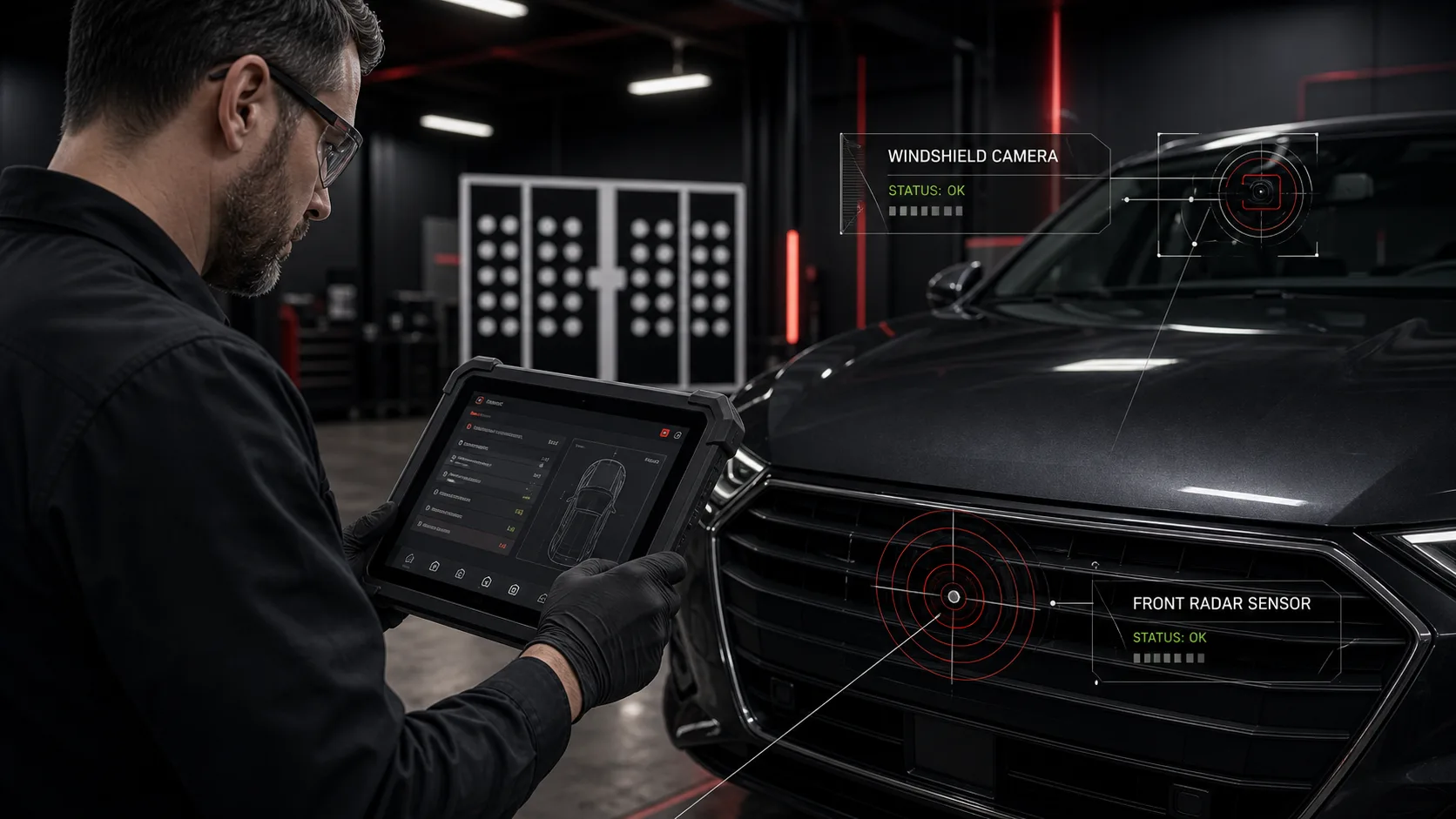 Technician using a scan tool with ADAS camera and radar context overlays